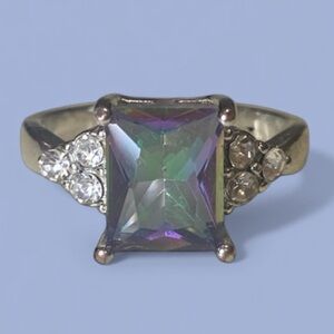 MYSTIC RAINBOW Ring Silver tone CZ 1 Large Stone, 6 Small Stones 4.2g Size 9